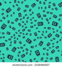 Black Pack full of seeds of a specific plant icon isolated seamless pattern on green background.  Vector