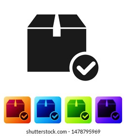 Black Package box with check mark icon isolated on white background. Parcel box with checkmark. Approved delivery or successful package receipt. Set icons in color square buttons. Vector Illustration
