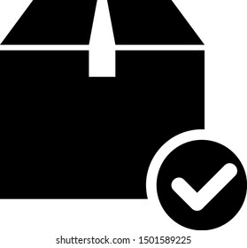 Black Package box with check mark icon isolated on white background. Parcel box with checkmark. Approved delivery or successful package receipt.  Vector Illustration
