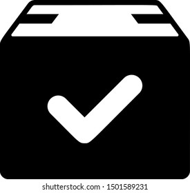Black Package box with check mark icon isolated on white background. Parcel box with checkmark. Approved delivery or successful package receipt.  Vector Illustration