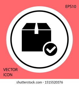Black Package box with check mark icon isolated on red background. Parcel box with checkmark. Approved delivery or successful package receipt. White circle button. Vector Illustration