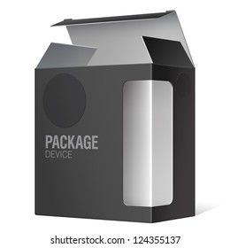 Black Package Box with a transparent plastic window. Vector illustration