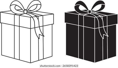 Vector de caja de regalo minimalista con cinta, símbolo de regalo sorpresa, ilustración de cesta envuelta para marca, marketing, empaquetado festivo y promociones