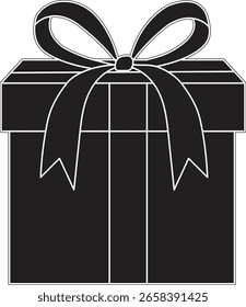 Schwarzes Paket flach Symbol - Minimalistische Geschenkbox Vektor mit Band, Überraschung präsentieren Symbol, verpackt Hamper Illustration für Branding, Marketing, festliche Verpackung und Promotionen