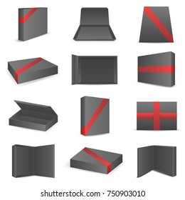 Black Package Paper Boxes Front Top Isometric Open Closed Mock Up Set Realistic Icon Transparent Background Template Design Vector Illustration