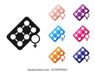 Black Packaging of birth control pills icon isolated on white background. Contraceptive pill. Set icons colorful. Vector