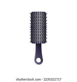 Black paddle hair brush. Vector illustration of hairbrush for hair care. Cartoon grooming equipment of hairdresser isolated on white background. Barbershop, beauty concept