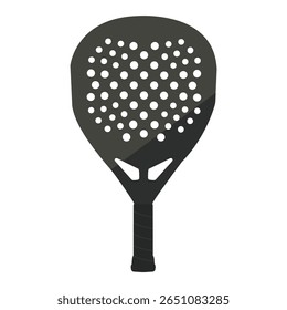 Black padel racket with perforated surface isolated on white background front view, flat logo vector professional sports equipment for padel tennis, sleek design icon mascott
