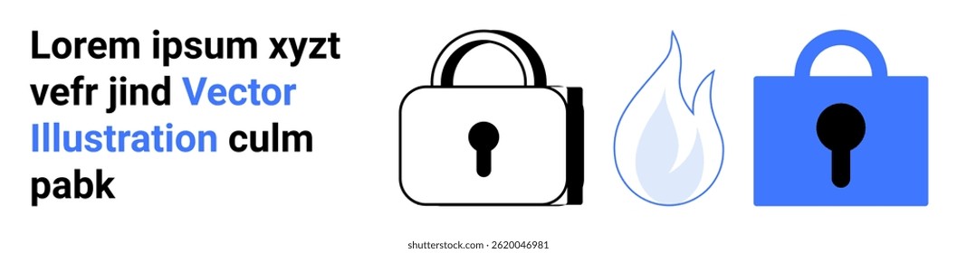 Black padlock, blue flame, and blue padlock representing security, protection, and firewall. Ideal for cyber security, data protection, web services, network security, software, technology