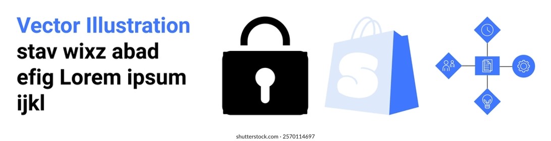 Black padlock, blue shopping bag with S, and blue network icons with sample text. Ideal for online security, e-commerce, digital branding, web design, and software development themes. Landing page