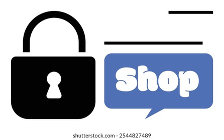 A black padlock and a blue speech bubble with the word Shop in white. Ideal for e-commerce, online security, shopping protection, cybersecurity, and digital marketplace safety. Simple vector style