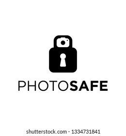 black Padlock with Camera Photography  Negative Space Logo Design Inspiration