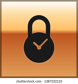 Black Padlock with clock icon isolated on gold background. Time control concept. Lock and countdown, deadline, schedule, planning symbol. Vector Illustration