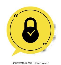 Black Padlock with clock icon isolated on white background. Time control concept. Lock and countdown, deadline, schedule, planning symbol. Yellow speech bubble symbol. Vector Illustration
