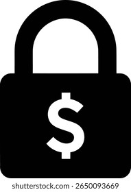 A black padlock with a dollar sign symbolizes financial security and protection isolated on white.