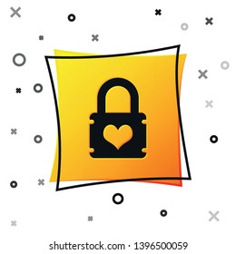Black Padlock with heart icon isolated on white background. Locked Heart. Love symbol and keyhole sign. Yellow square button. Vector Illustration