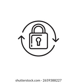 Black padlock icon with circular arrows symbolizing secure data encryption privacy access protection and cyber safety isolated on white background