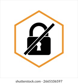Icono de candado negro con línea diagonal dentro del hexágono naranja
