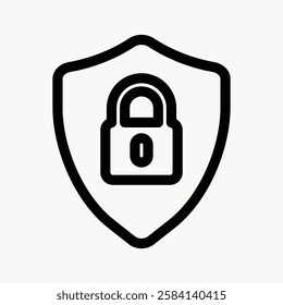 A black padlock icon on a shield, symbolizing security and protection. The padlock and shield represent safety, privacy, and secure protection. User interface icon vector.