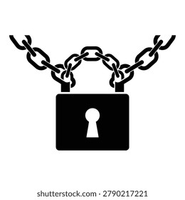 A black padlock with a keyhole securely fastened by a thick chain isolated on transparent background