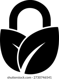 Un candado negro con un diseño de hojas sobre un fondo blanco puro, que simboliza soluciones de seguridad ecológicas en un estilo simple y moderno con líneas audaces y colores contrastantes.