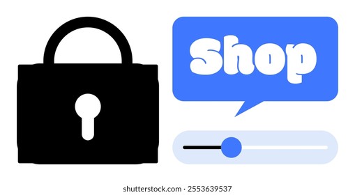 A black padlock representing security is displayed next to a speech bubble with the word Shop and a toggle button. Ideal for e-commerce, online safety, cybersecurity, digital transactions, and web