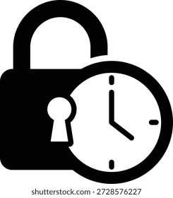 Black padlock superimposed on a white analog clock face security time