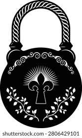 Black padlock with white fleurdelis and leafy design security symbol