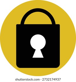 Cadeado preto com um buraco de fechadura branco dentro de um círculo amarelo em um fundo branco