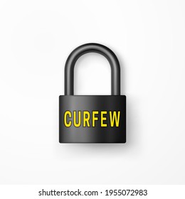 Black padlock with yellow text lockdown. Realistic closed lock. Quarantine concept. Business suffers to protect the population. Isolated object. Padlock icon. Safety background. 3d vector template