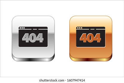 Black Page with a 404 error icon isolated on white background. Template reports that the page is not found. Silver-gold square button. Vector Illustration