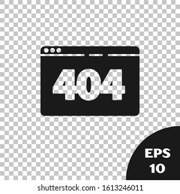 Black Page with a 404 error icon isolated on transparent background. Template reports that the page is not found.  Vector Illustration