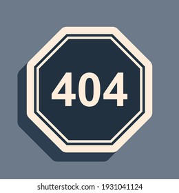 Black Page with a 404 error icon isolated on grey background. Template reports that the page is not found. Long shadow style. Vector Illustration