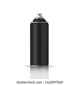 Black Paint Aerosol Spray Metal 3D Bottle Can, Graffiti, Deodorant, Household Chemicals, Poison. Front View. Illustration Isolated On White Background. Mock Up Template For Your Design. Vector EPS10