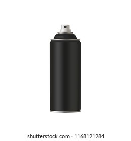 Black Paint Aerosol Spray Metal 3D Bottle Can, Graffiti, Deodorant, Household Chemicals, Poison. Front View. Illustration Isolated On White Background. Mock Up Template For Your Design. Vector EPS10