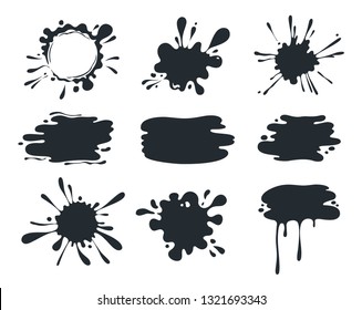 Black Paint Blob. Brush Pen Splatter Shapes, Current Paint Stains, Liquid Dripping Melted Chocolate. Vector Paint Drip For Logo Set