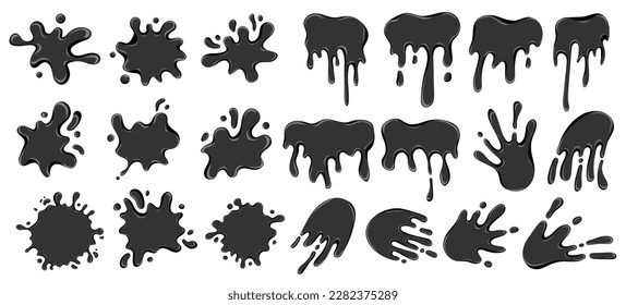 Black paint blots collection. Cartoon paint splatters and ink splashes. Decorative element for your design. Vector illustration