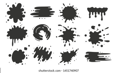 Black paint blots collection of vector icons. Cartoon paint splatters and ink splashes.
