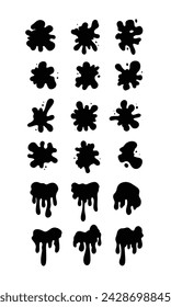 Black paint blots collection of vector icons. Cartoon paint splatters and ink splashes.