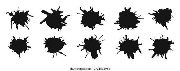 Black paint blots collection of vector icons. Cartoon paint splatters and ink splashes., vector illustration.