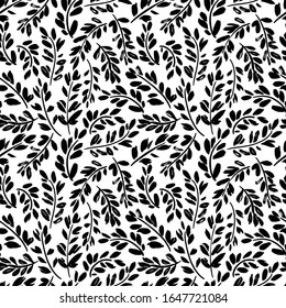 Black paint branches with leaves vector seamless pattern. Grunge dry brush stroke texture. Ink illustration. Abstract natural monochrome wallpaper design, trendy textile print. Wavy brush strokes