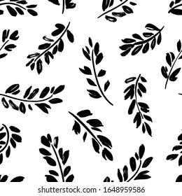 Black paint branches with leaves vector seamless pattern. Grunge dry brush stroke texture. Ink illustration. Abstract natural monochrome wallpaper design, trendy textile print. Wavy brush strokes