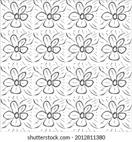 Black paint brush flower strokes vector seamless pattern. Hand drawn curved and wavy lines with grunge circles. brush scribbles decorative texture. Messy doodles, bold curvy lines illustration.