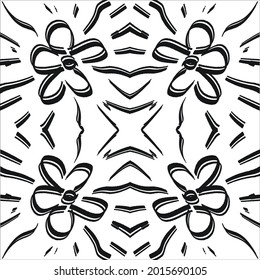 Black paint brush flower strokes vector seamless pattern. Hand drawn curved and wavy lines with grunge circles. brush scribbles decorative texture. Messy doodles, bold curvy lines illustration.