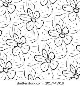 Black paint brush flower strokes vector seamless pattern. Hand drawn curved and wavy lines with grunge circles. brush scribbles decorative texture. Messy doodles, bold curvy lines illustration.