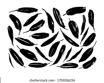 Black paint brush leaves vector collection. Set of black silhouettes banana or protea leaves. Hand drawn eucalyptus foliage, herbs, plant branches. Vector ink elements isolated on white background.