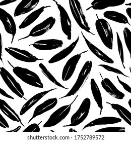 Black paint brush leaves vector seamless pattern. Black silhouettes banana or protea leaves. Hand drawn eucalyptus foliage, herbs, plant branches. Botanical design elements with dry brush stroke.