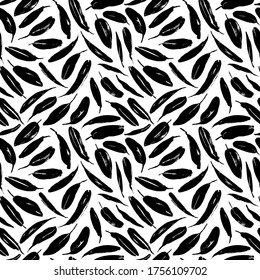 Black paint brush leaves vector seamless pattern. Black silhouettes banana or protea leaves. Hand drawn eucalyptus foliage, herbs, plant branches. Botanical design elements with dry brush stroke.