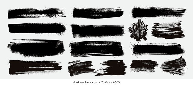 Black Paint Brush Set. Black Dotwork Grain Texture, Charcoal Splashes. Grunge Design Elements. Grunge Brush Strokes Text Boxe. Template Dirty Texture Banner, Art Canvas. Ink Splatters. Painted Objects