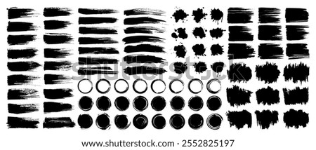 Black paint brush stroke, dirty watercolor overlay texture, grunge design element, box, painted frame, banner clip art and torn paper silhouette collection on white background. Decoration paint brush.